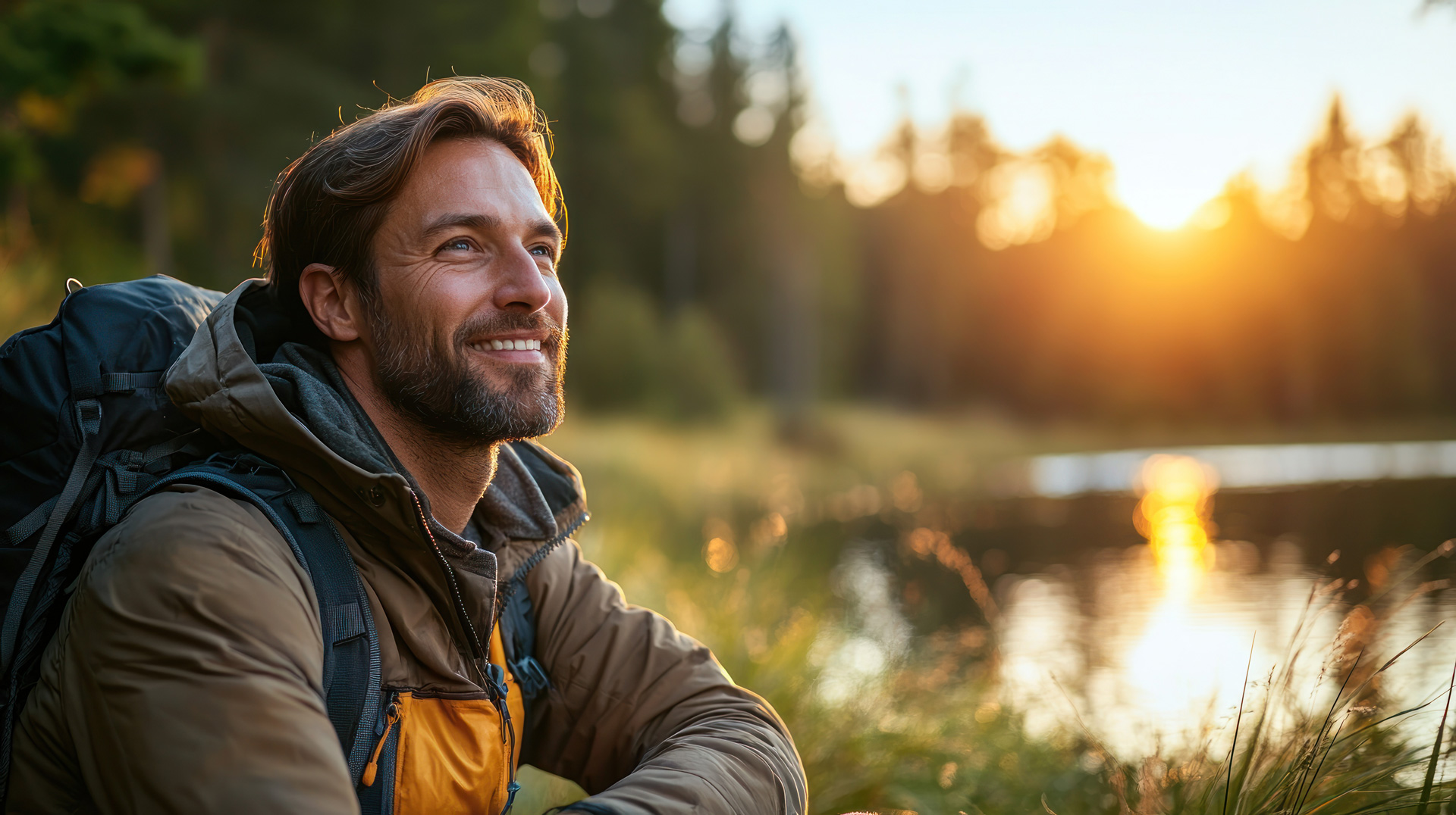 man with backpack smiles as he sits by lake sunset bea